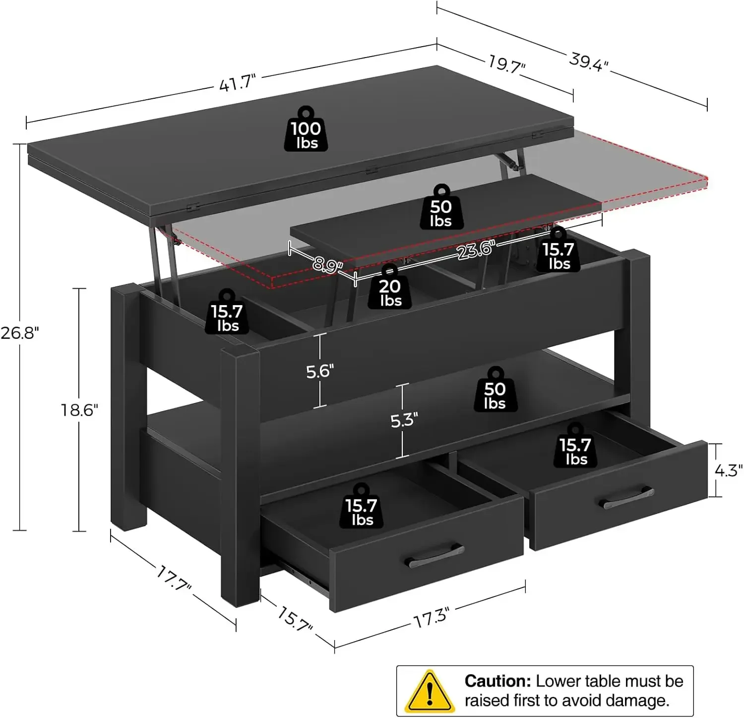 Mesa de centro con tapa elevable, cajones y compartimento oculto, mesa de centro, mesa de comedor para sala de estar, oficina en casa, negro