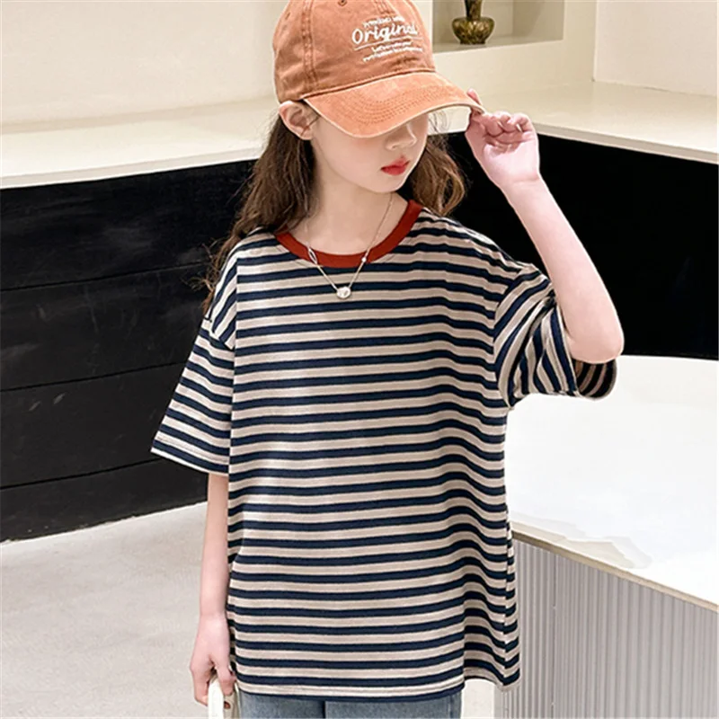 

New Summer Kids Cotton Striped T-shirt for Teen Girls Fashion Short Sleeve Tee Tops Outfit Classic Children Casual Tee Tops 5-14