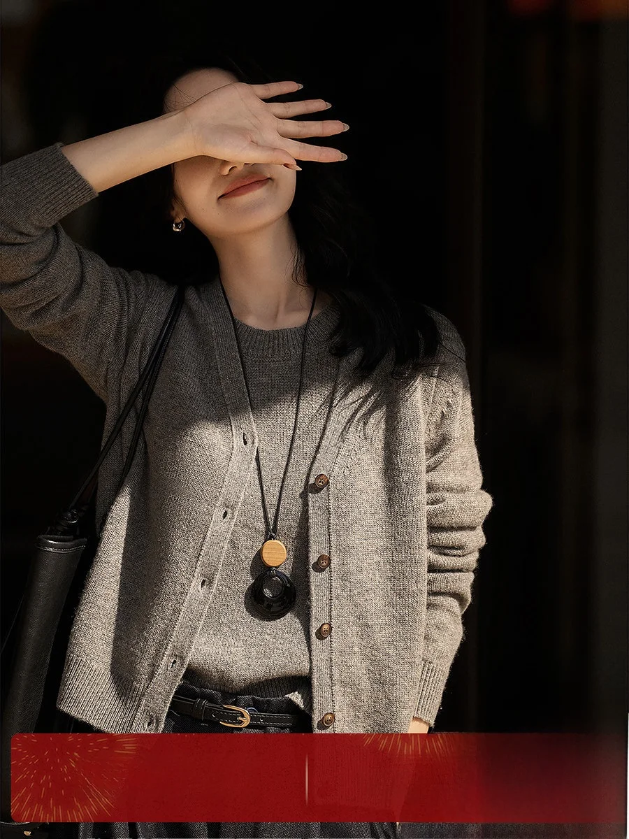 

Ele Knitted Wool Camere Vest And Cardigan Set round Ne V-Ne Commute Sle Soft Long Sve Women's Faion