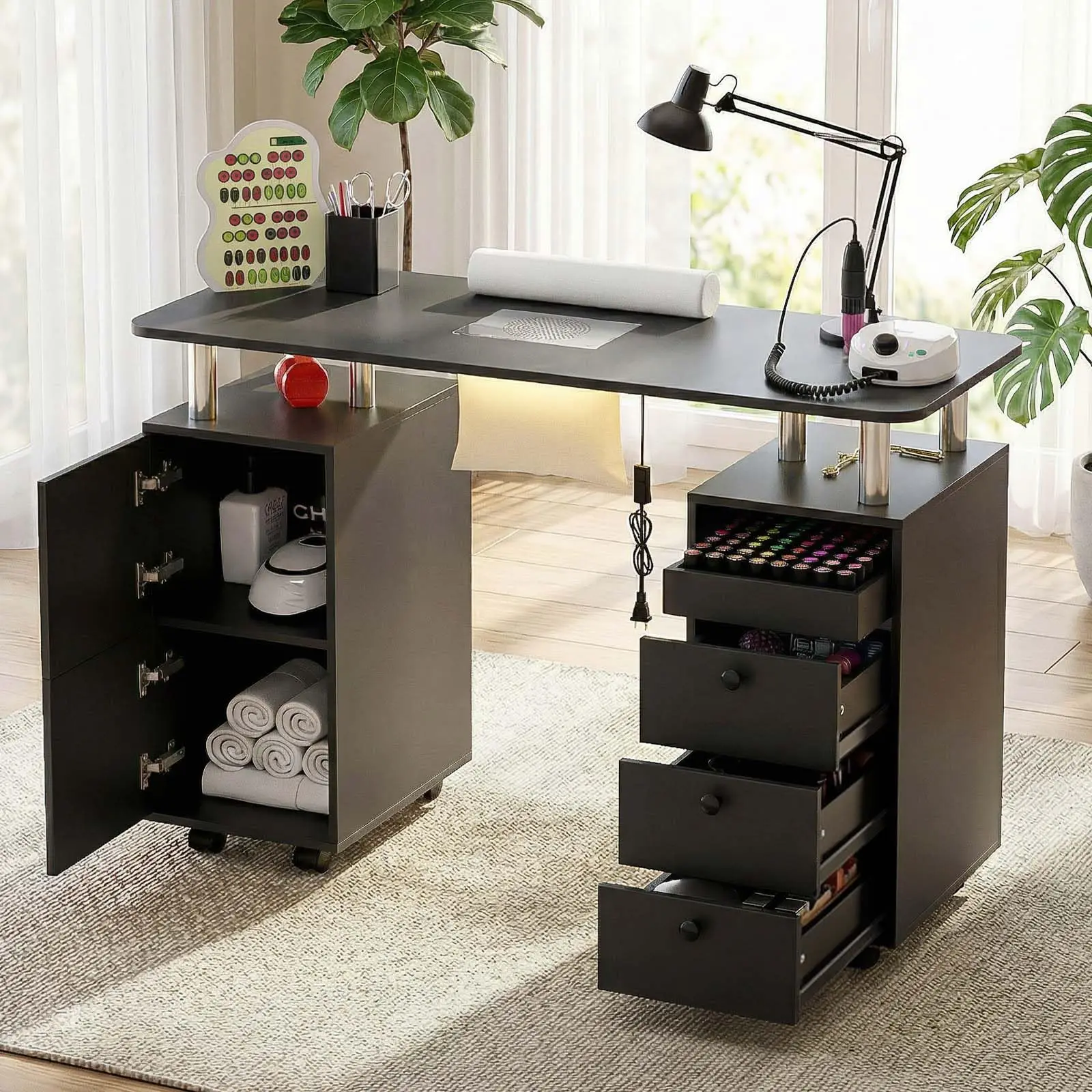 Nail Tech Table with Dust Collector & LED Light, Rolling Manicure Desk with Storage Drawers & Cabinets, Lockable