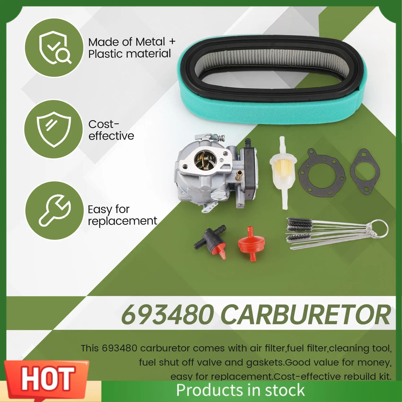 

AU63-693480 Lawn Mower Carburetor Compatible For Briggs & Stratton 693479 499306 With 394019S Air Filter 394358S Fuel Filter