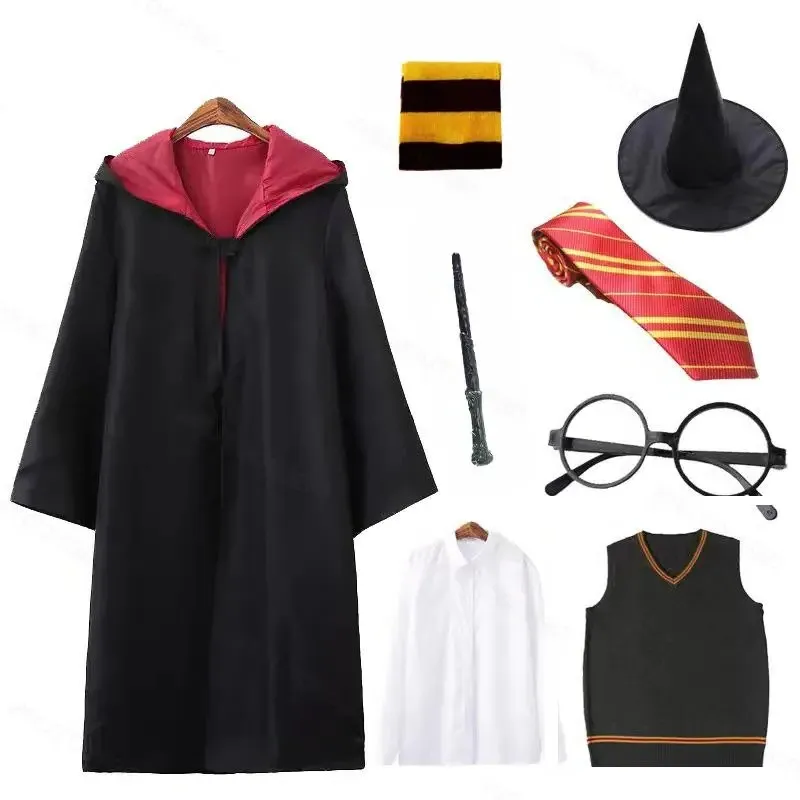 성인 어린이 해리스 망토 코스프레 코스튬 6 개 세트, 매직 스쿨 남성 여성 마법사 의류, 망토 스카프 넥타이 안경 모자 파