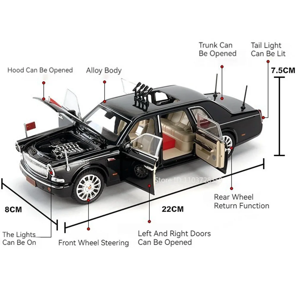 1:24 Scale HONGQI E-HS9 Toy Car Models Alloy Diecast 70TH Anniversary Vehicles Sound Light Doors Opened Pull Back for Kids Gifts