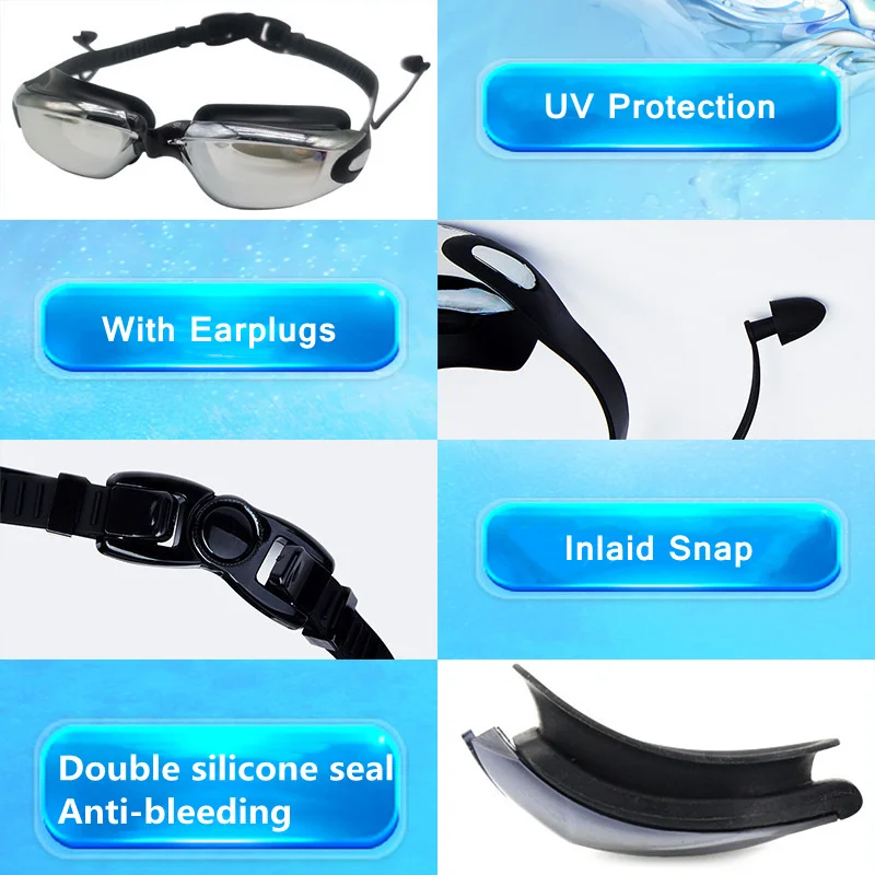 Swimming Goggles Adults Swim Glasses with Earplug Men Women Pool Diving Glasses Anti-fog UV Protection Waterproof Swim Eyewear