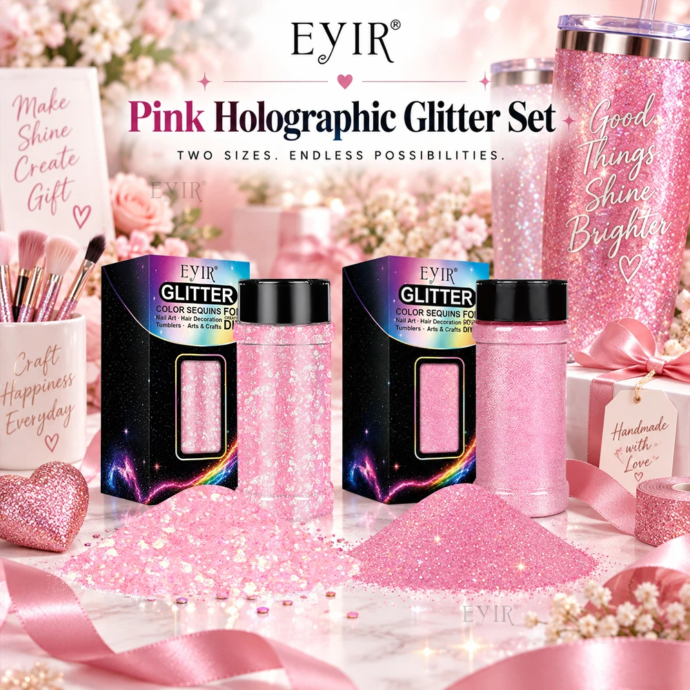 EYIR Pink Glitter Holographic Chunky 50g Fine 80g Glitter Powder for Epoxy Resin Crafts Tumblers Nail Art DIY Decoration
