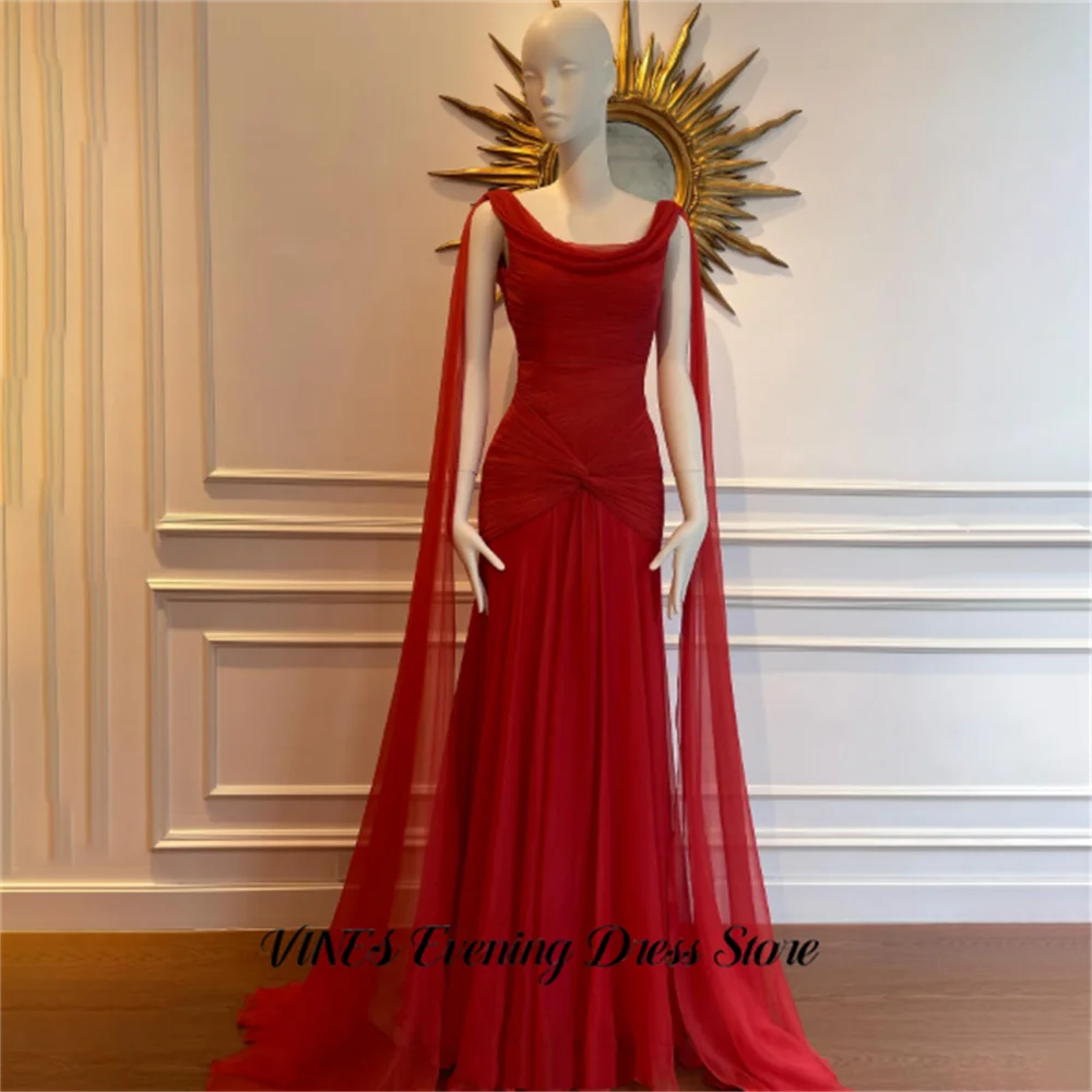 

VINES Red Chiffon Evening Dresses Scoop Neck Formal Gown Open Back Night Dresses with Draped Mermaid Prom Dresses Customized