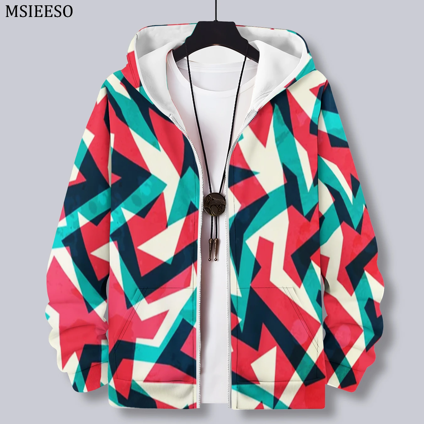 MSIEESO Multicolored Geometry Pattern Print Zipper Hoodie Men Long Sleeve Casual Jacket Hooded Sweatshirt Women Fashion Zip Coat