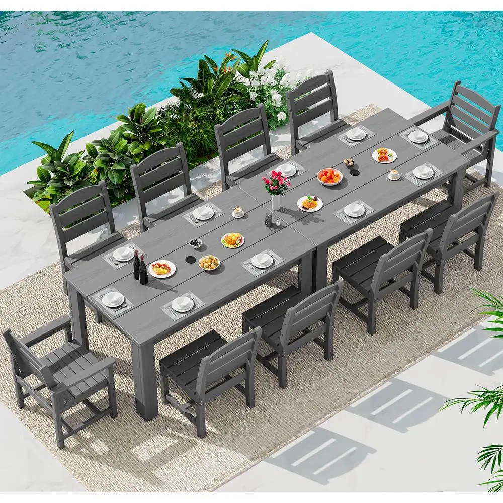 

Outdoor Dining Sets for 10, HDPE Dining Sets for 10 Person with 2 Rectangular Tables and 8 Armless Chairs and 2 Armchairs, Pati