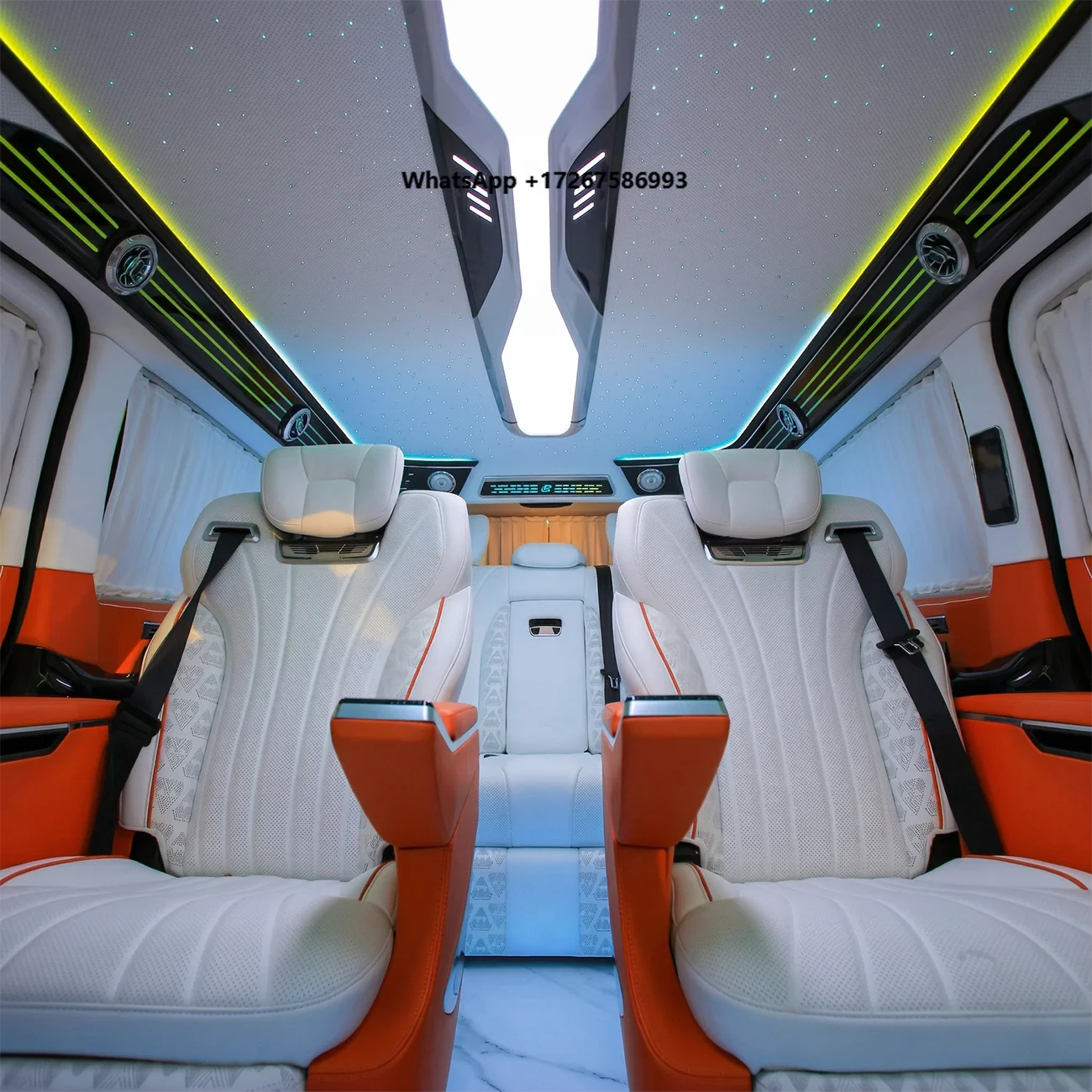 Роскошный салон для бизнес-фургона Dingkong Vito VIP: оранжевые кожаные капитанские сиденья, большой экран для развлечений, комплект для переоборудования