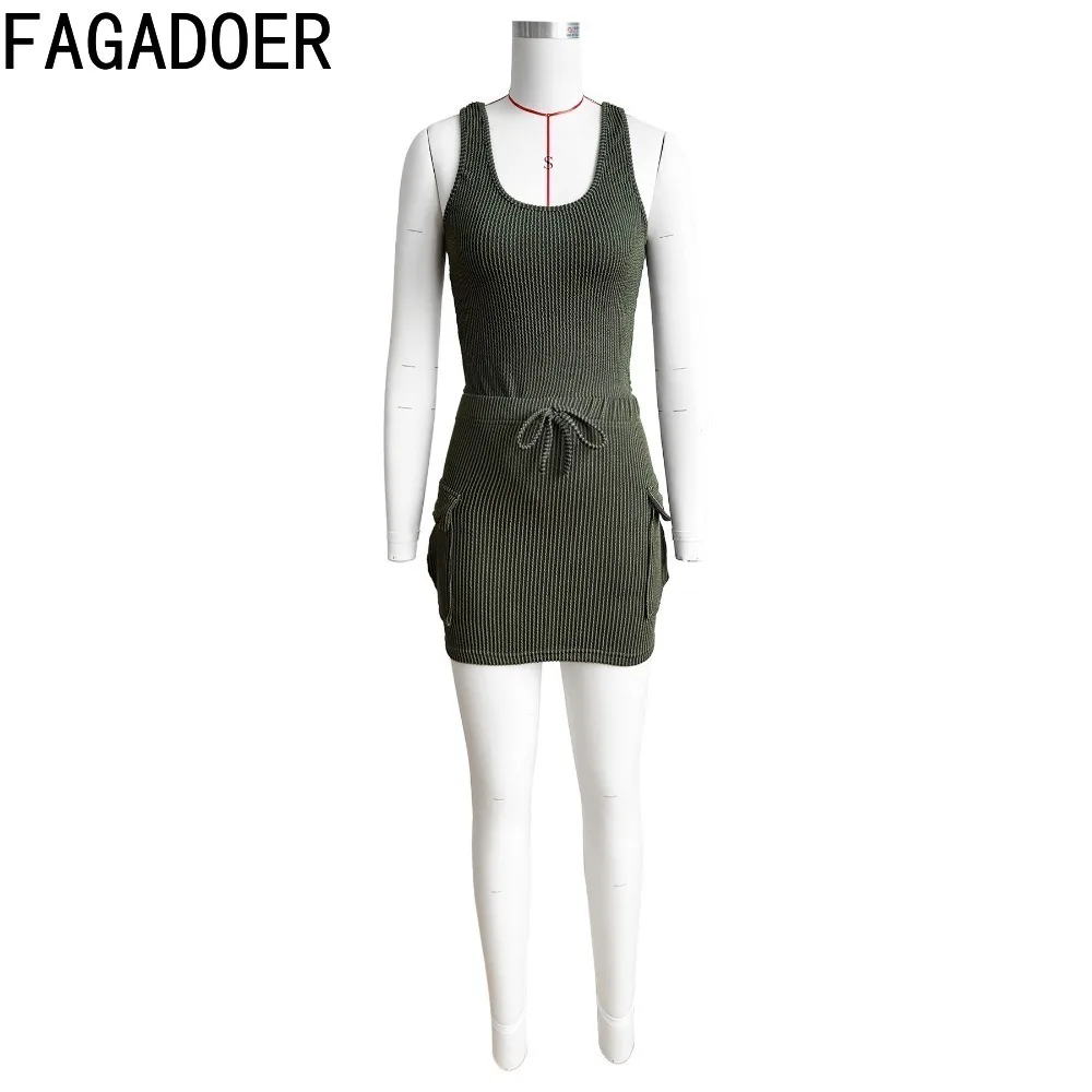 FAGADOER Summer Solid Color Ribber Bodysuits Two Piece Sets Women Round Neck Sleeveless Slim Top And Mini Pocket Skirts Outfits