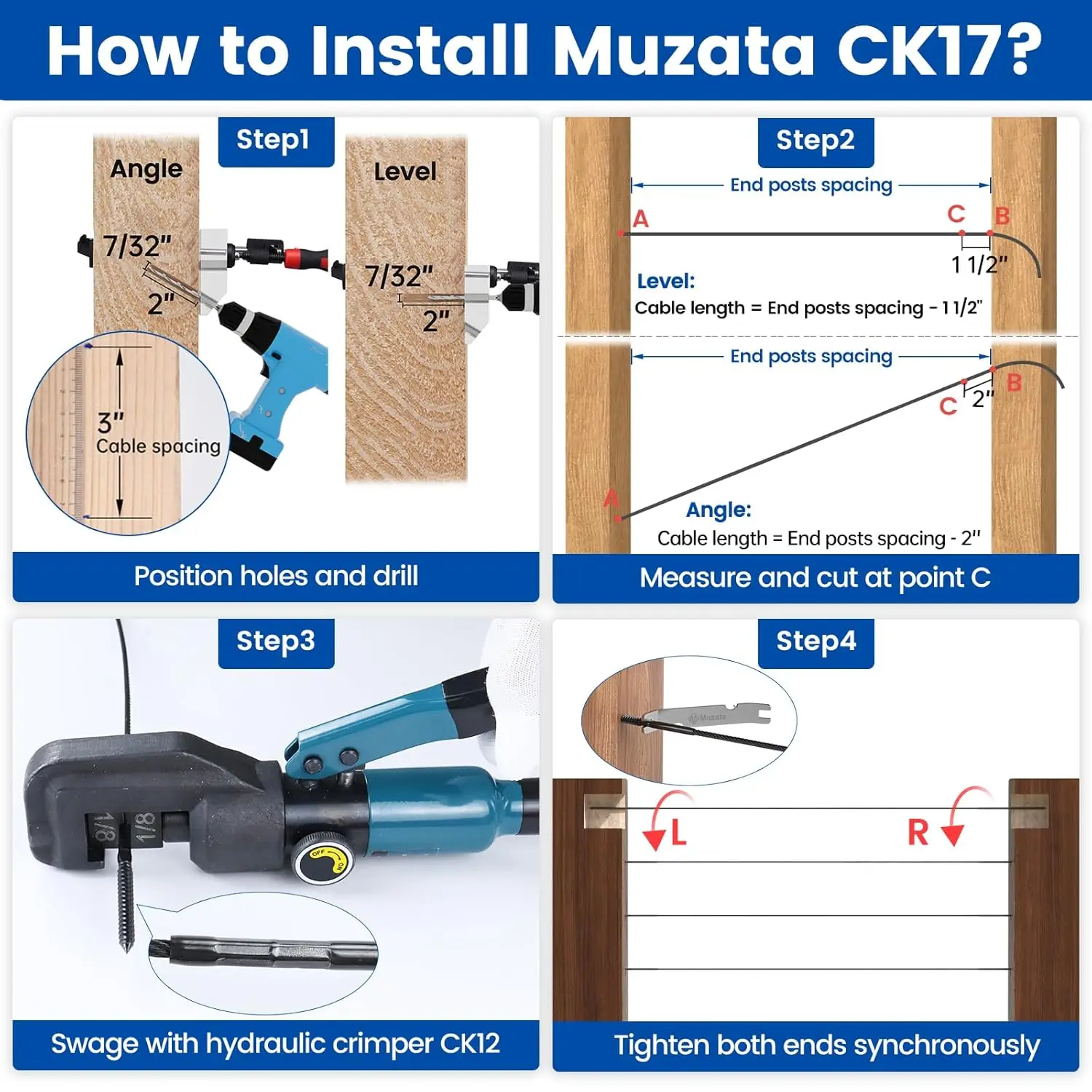 Tornillos de retardo Swage negros, Kit de Hardware de barandilla de Cable izquierdo y derecho, rosca manual para poste de madera, acero inoxidable T316, 100 paquetes de 1/8"