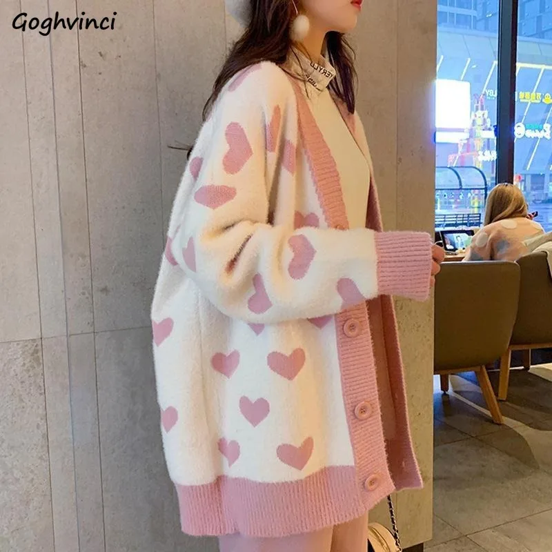 Sweet Pink Cardigan Women Jacquard Loose Students Knitted Heart Korean Preppy Chic Outerwear Fashion Vintage Patchwork Female