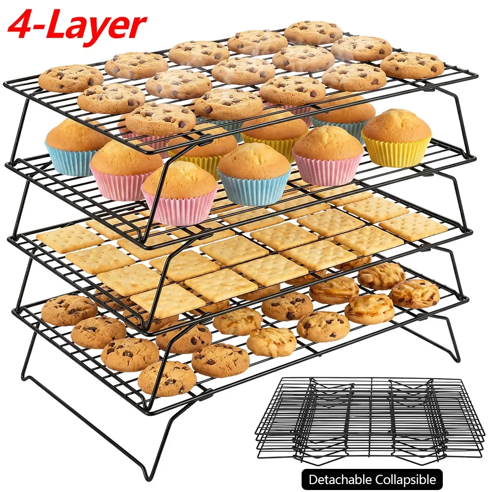 4-Layer Baking Cooling Rack Carbon Steel Foldable Bread Cooling Wire Rack Multipurpose Kitchen Accessories for Cookie Pizza Cake