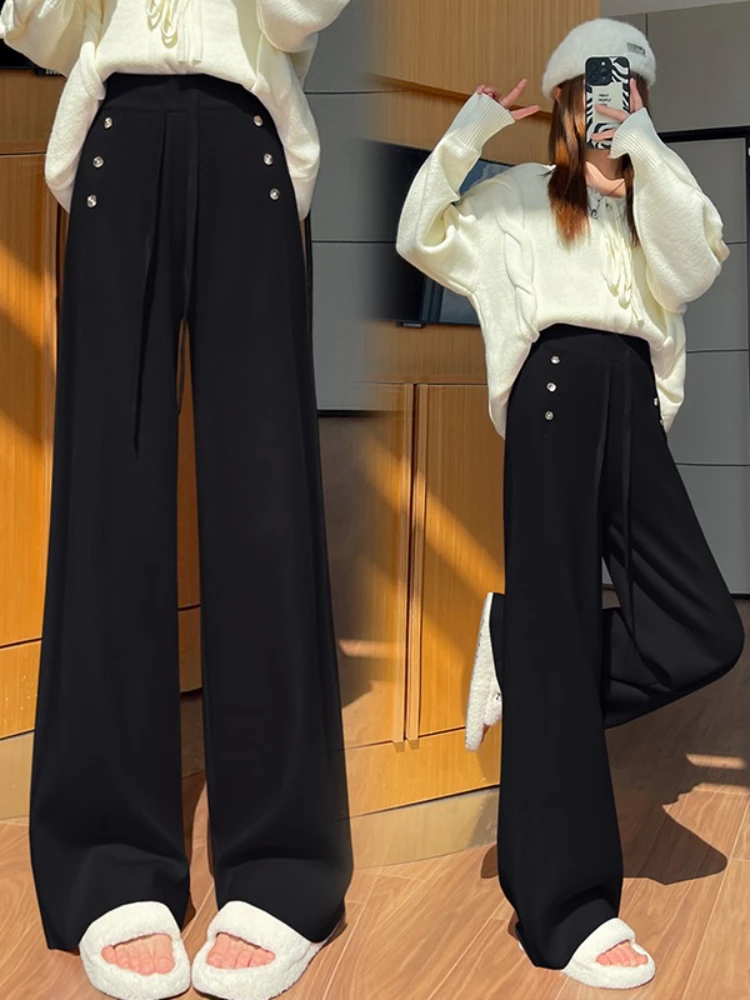 กางเกงถักตกแต่งกระดุมหวานๆ สำหรับผู้หญิงในฤดูใบไม้ร่วงและฤดูหนาว ให้ความรู้สึกหนานุ่ม หลวมสบาย สไตล์ลำลอง ขากว้าง