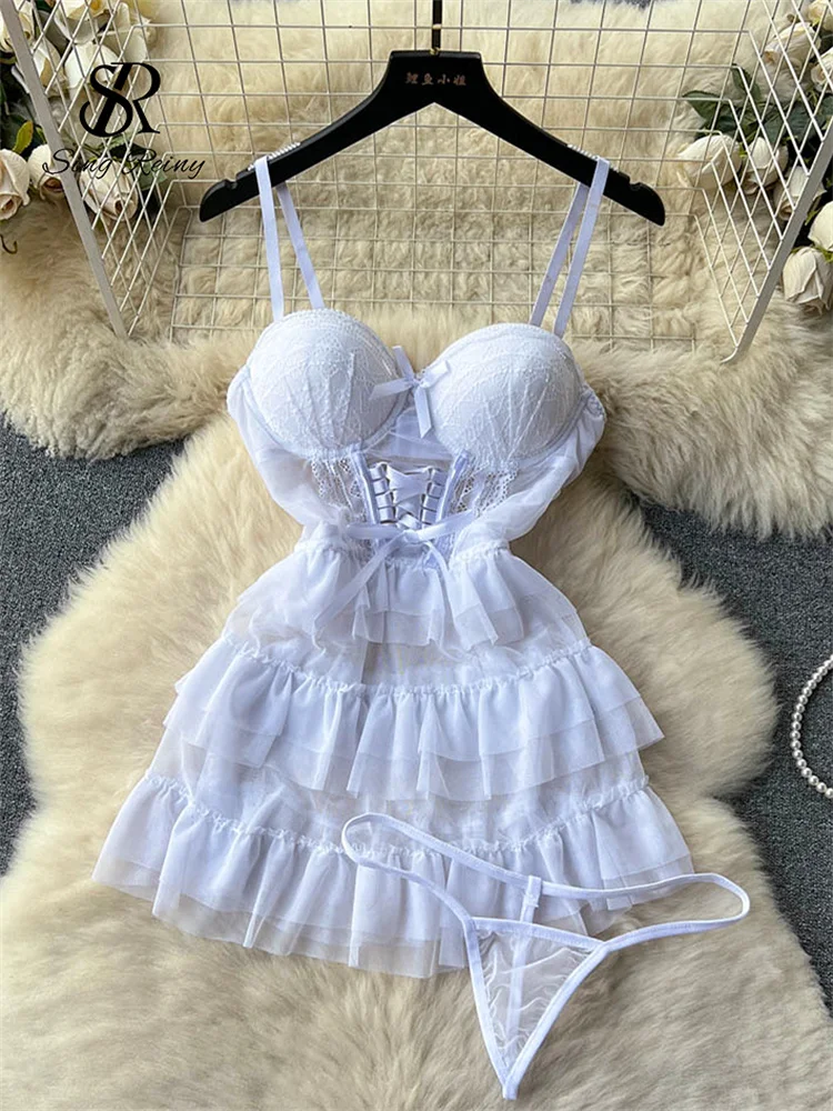 SINGREINY Mesh Underwear Sexy Nightdress Lace Up Backless Cake Bodycon  Dress+Thongs 2023 Lace Sheer Erotic Sexy Pajamas Dress - AliExpress  200000345