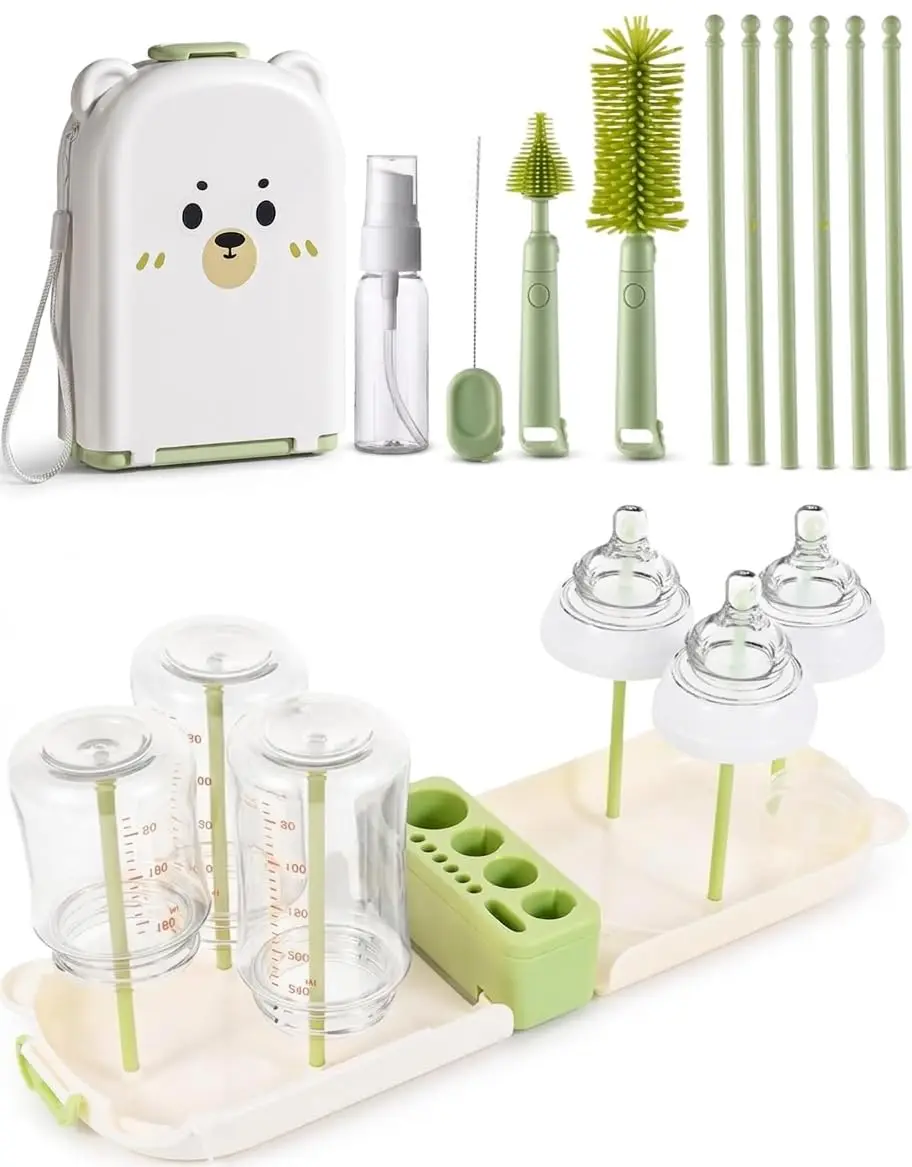Kit de Limpieza de Biberones 7 en 1: Cepillos de Silicona, Escurridor y Dispensador de Jabón para Artículos Esenciales de Bebé