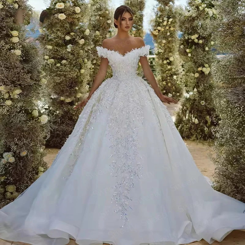 

Romantic Wedding Dress Organza With Embroidery Sequins Ball Gown Sleeveless Boat Neck Customized Bride Zipper Vestido De Novia