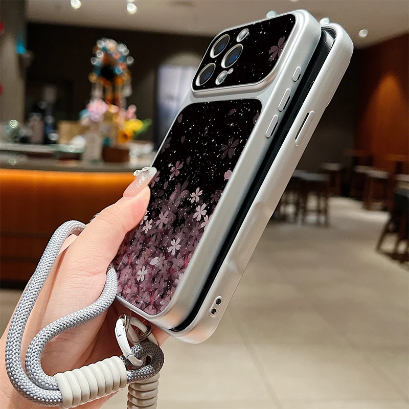 Matte Leather Texture Phone Case For iPhone 17 Pro 16 15 14 13 Pro Max Cherry Blossom Print Wrist Strap Lanyard Soft TPU Cover view 6