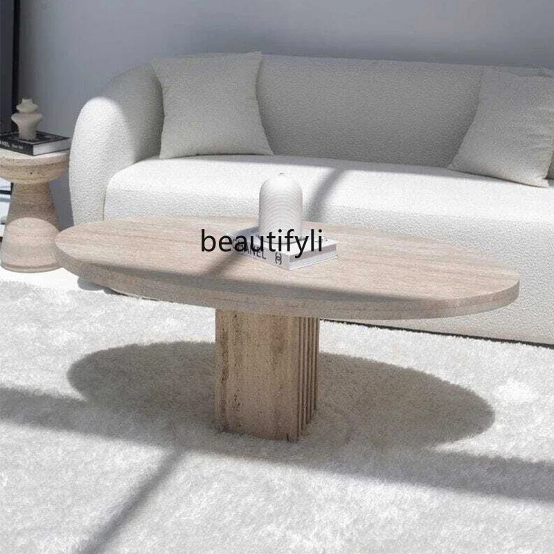 

Natural travertine coffee table urgent use small apartment living room creative oval coffee table French wabi sandy wind9344