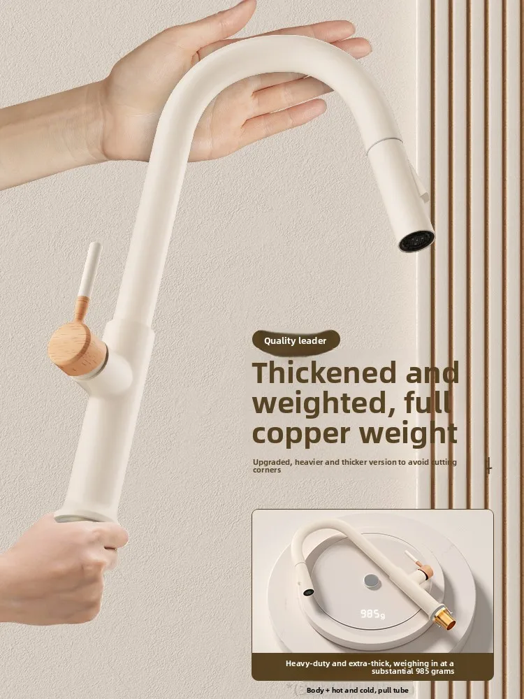 Solid Brass Pull Out Hot Cold Kitchen Faucet, Extendable 360° Swivel Water Tap for Sink, Dish Washing, Laundry Balcony