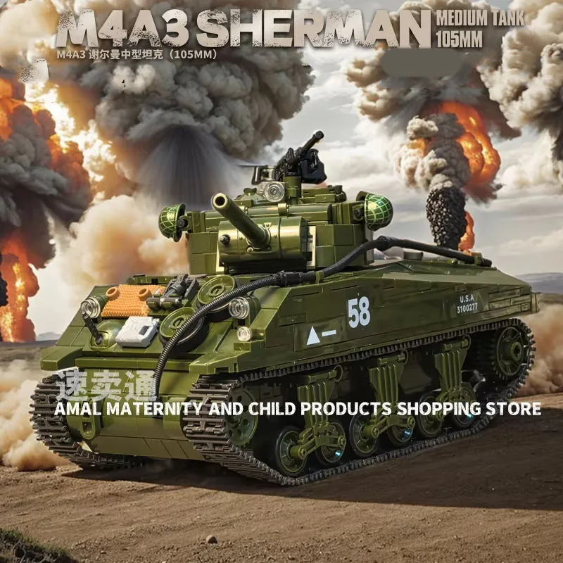 Moderner Armee-M4A3-Sherman-Mittlerer-Panzer, zusammengebauter Militär-Baustein-Spielzeug-MOC, Weihnachtsgeschenk