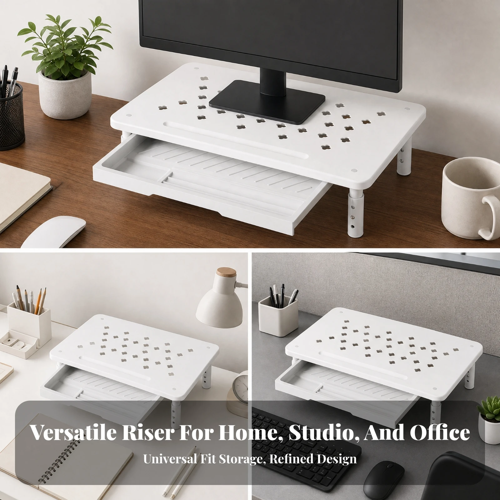 Monitor Riser with Drawer Scratch-Resistant Ventilated Monitor Stand Laptop Stand with Adjustable Legs Modern Minimalist