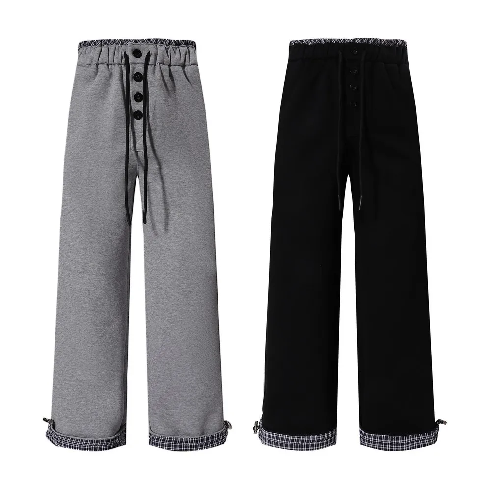 Patchwork Drawstring Elastic Waist Button Wide Leg SweatPants Trousers for Women Men Streetwear Winter Spring Trends Pants