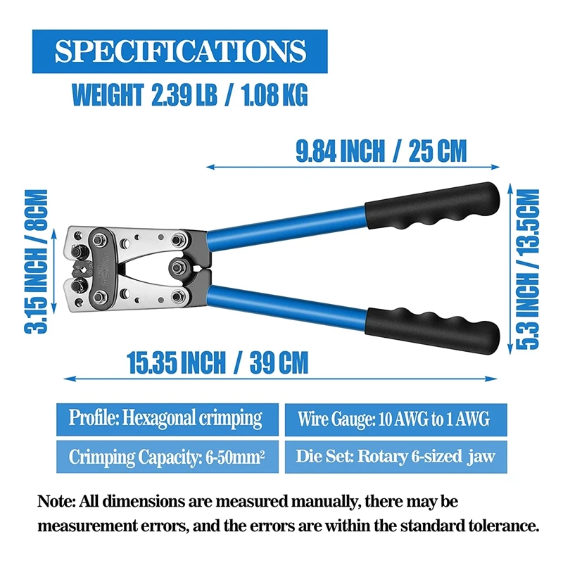 Battery Cable Lug Crimp Tool For AWG 10, 8, 6, 4, 2, 1 Terminal And 60 Piece 8Specs Cable Lug Kit