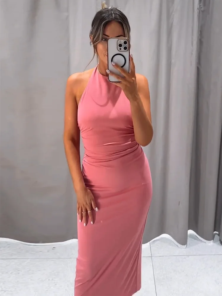 Gathered Wedding Guest Elegant Party Dresses Back Knot Slit Hem Sexy Backless Midi Dress Round Neck Halter Summer Dress Women