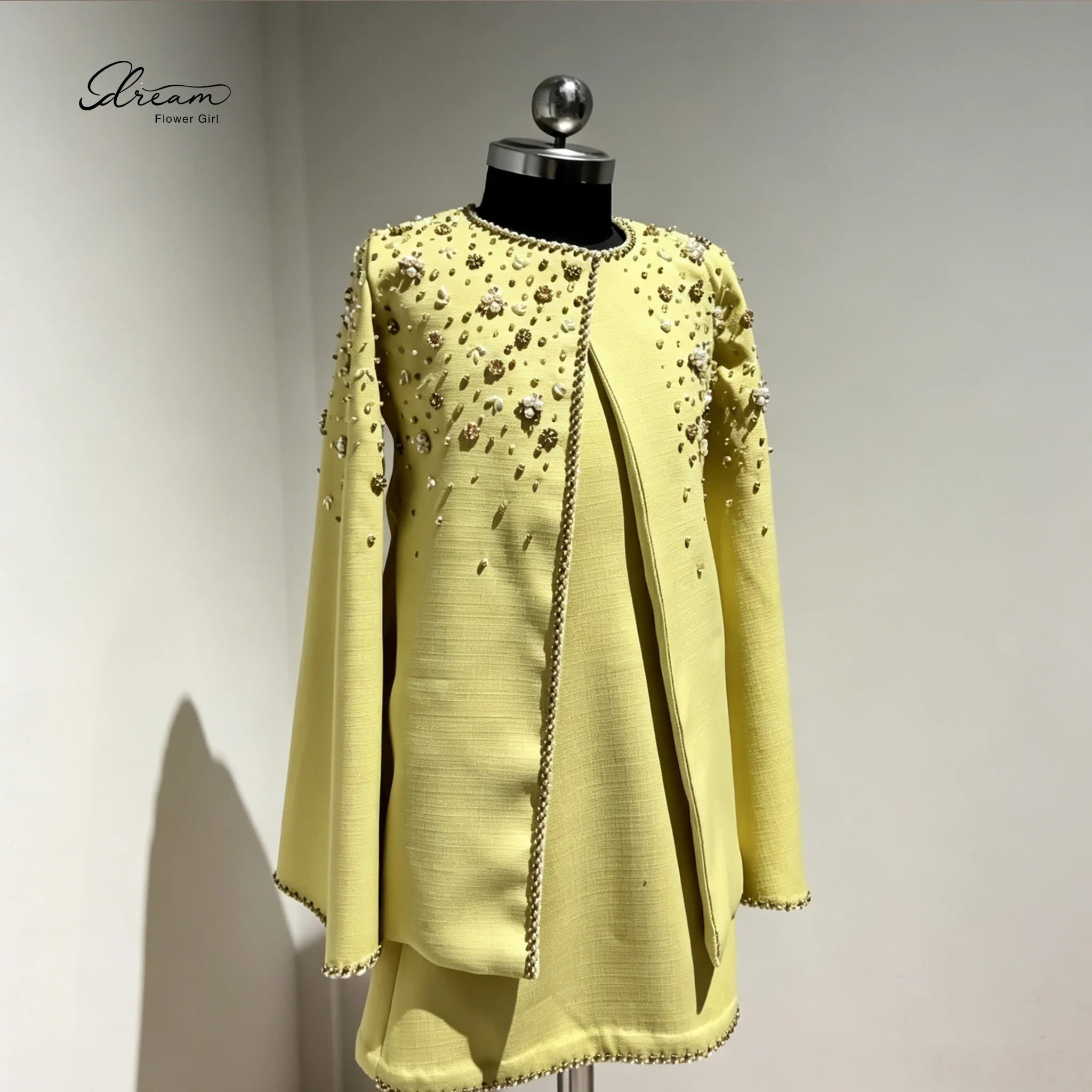 

Gold Satin Flower Girl Dress: Beaded & Embroidered Knee-Length Mini Gown—Formal Attire for Weddings & Pageants