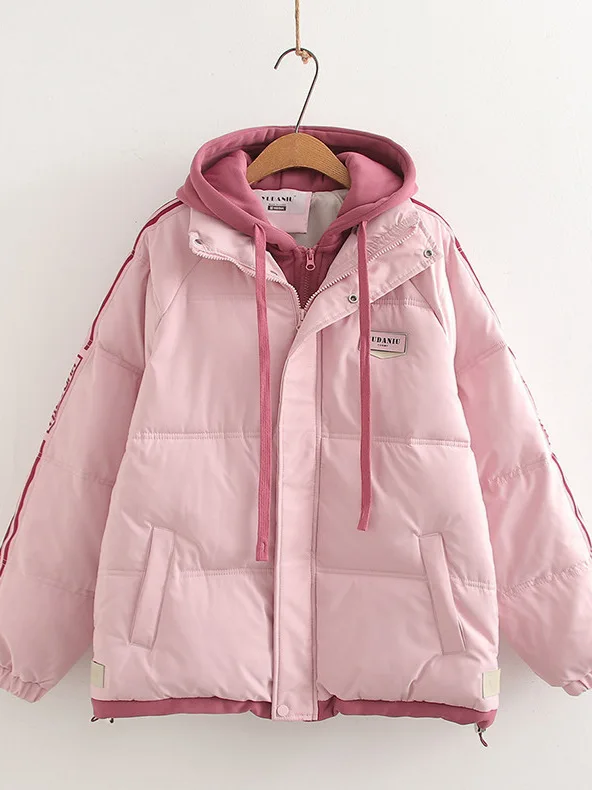 

[Ready Stock] High Quality Women Winter Thick Warm Cotton Jacket Women Parkas FakePiece Hooded Warm Cotton Jacket Bread Clothing