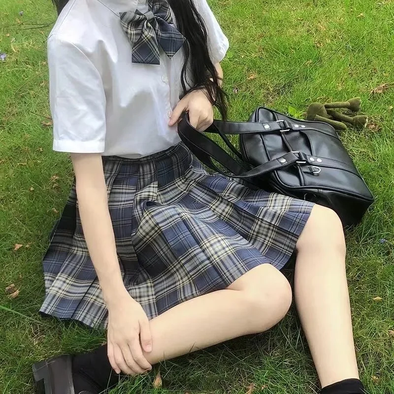 [Shaihai] Short/Long Sleeve Girls Summer High Waist Plaid Pleated Skirts Women Dress For JK School Uniform Students Clothes