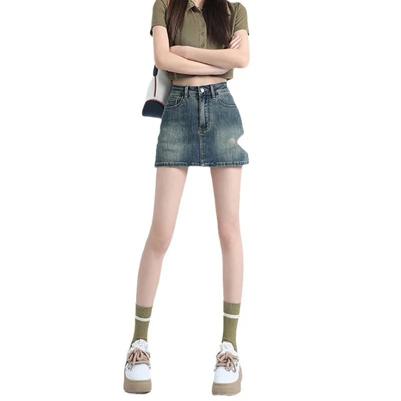 Denim Skirt Solid Spliced Women Zipper Fly Skirts Loose Above Mini Skirts Basics High Waist Pockets Washed Distressed 2025 - Image 5