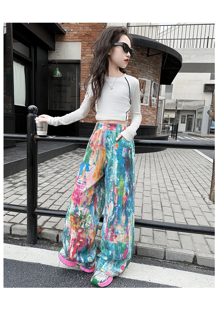 Street-Style Kinder-Jeans mit Bunten Prints für Teenager-Mädchen, Modische Hip-Hop-Tanz-Jeans, Trendige Hiphop-Denim-Hosen für Kinder – Detail 13