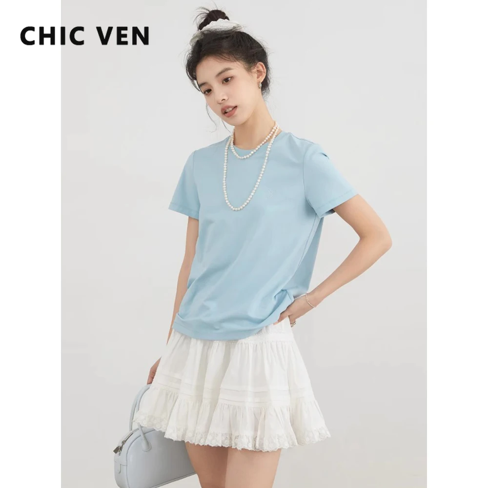 

CHIC VEN корейские женские футболки однотонные свободные повседневные футболки с круглым вырезом и вышивкой букв и короткими рукавами крутой женский топ лето 2025