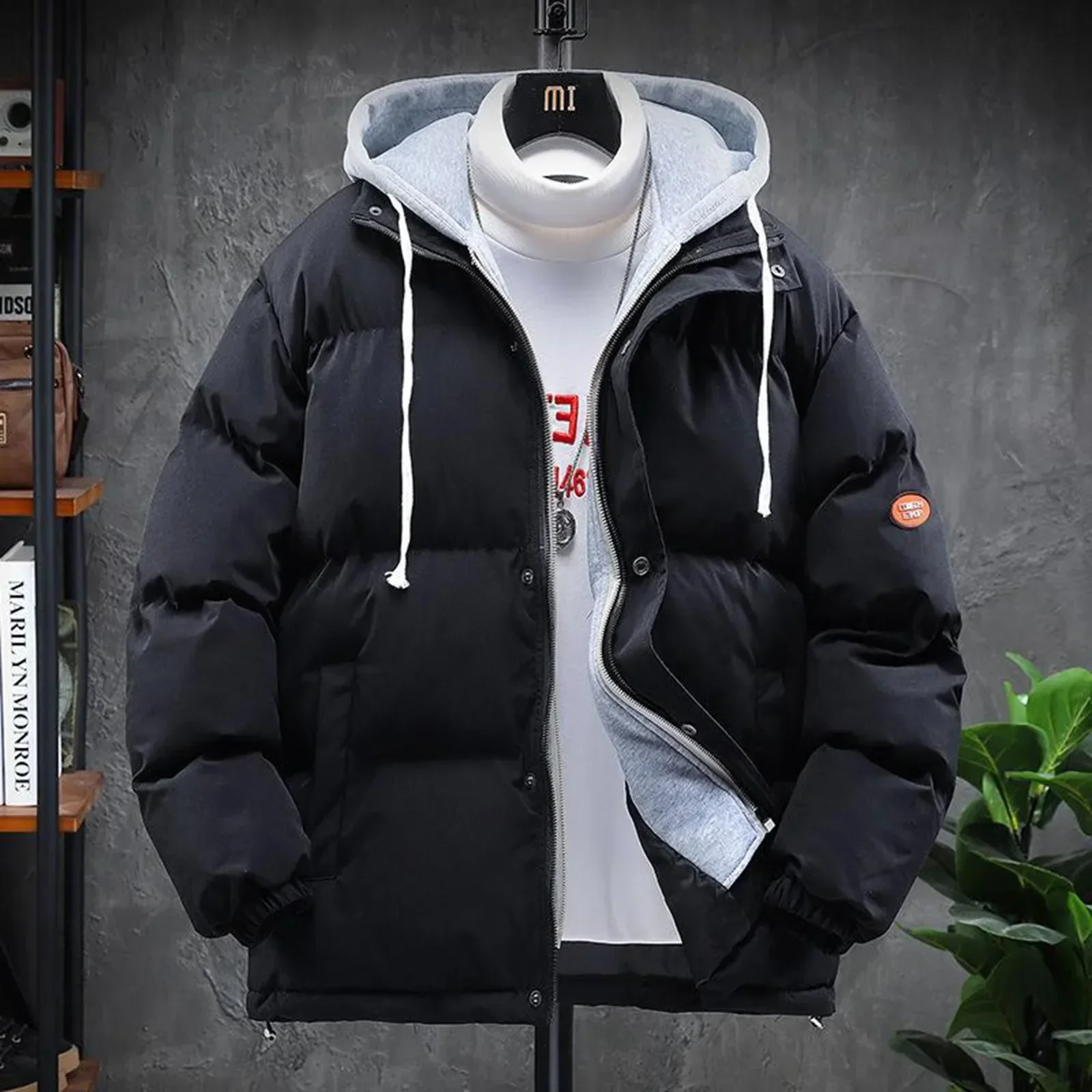 

Men'S Autumn Winter Fashion Casual Jacket Cotton-Padded Warm Pure Color Down Jacket With Hat Winter Men'S Cotton-Padded Coat