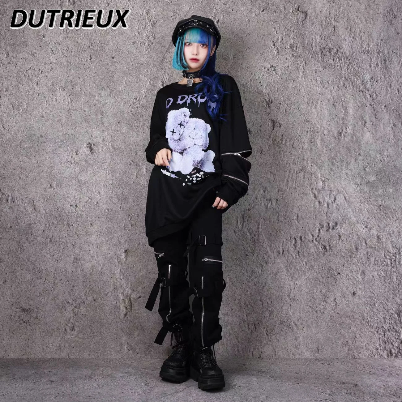 Japanese Clothes Women Mine Harajuku Printed Sweatshirt T-shirt Girls Off-Shoulder Long-Sleeve Zipper Black Hoodies Top Couple