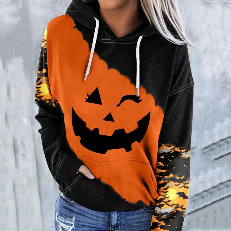 Spring and Autumn ladies 3D printed Halloween Horror elements hoodie trendy loose sweatshirt long sleeve hooded street wear