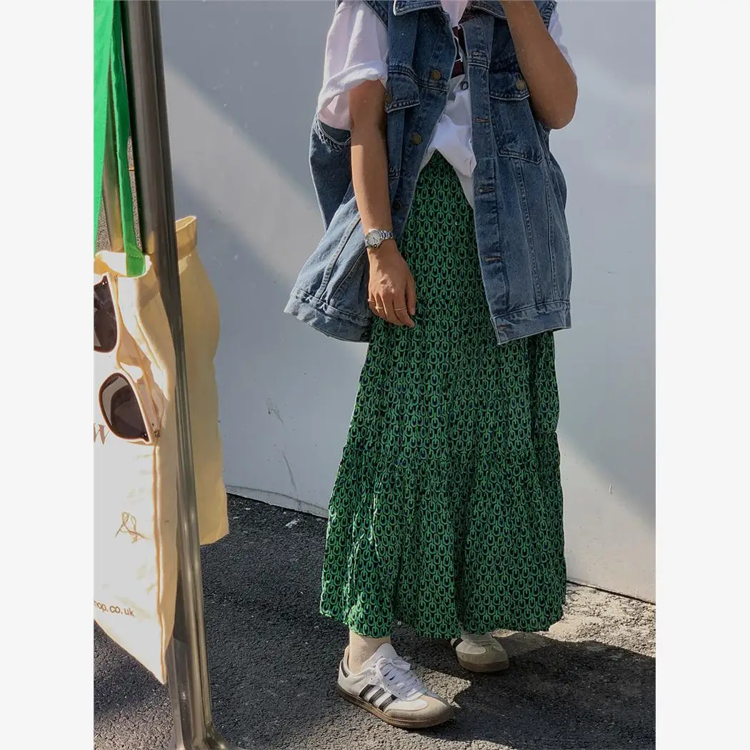 High Waist A-Line Skirt Spring Summer New Style Japanese Style Elastic Waist Pleated Long Dress Slimming Half Skirt