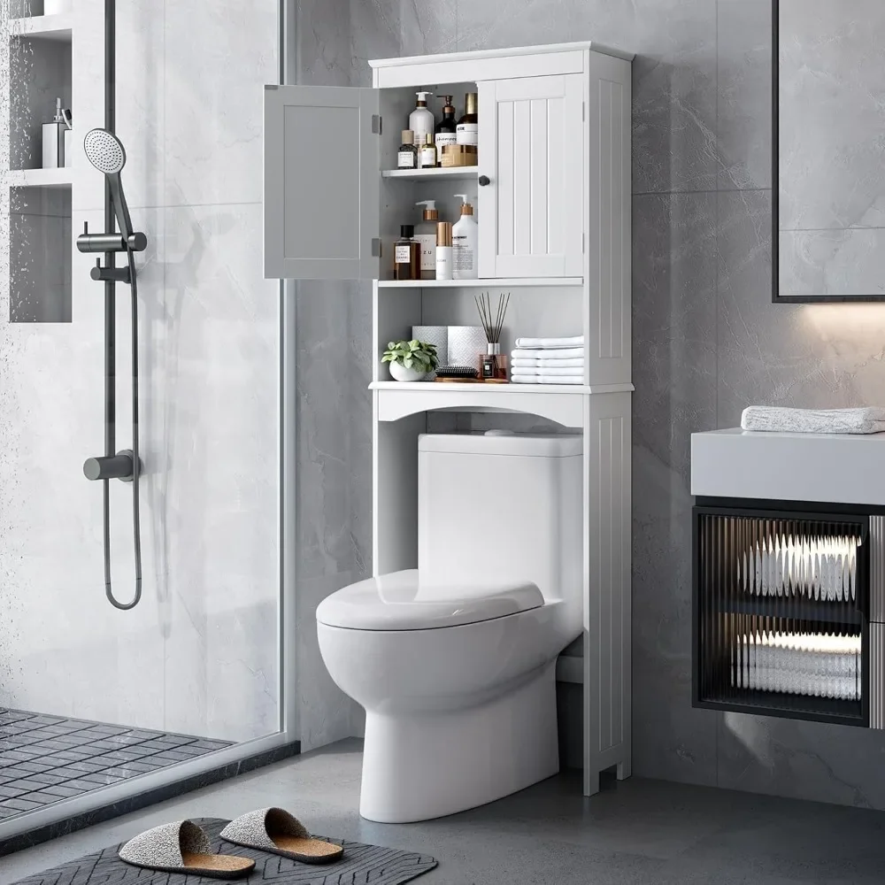 

Over The Toilet Storage Cabinet with Open Shelf, Organizer with Adjustable Shelf and Double Doors, Over The Toilet Storag