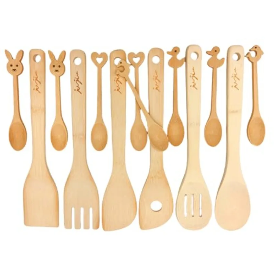 

14-Piece Bamboo Wooden Kitchen Utensil Set - 6 Non-Scratch Heat-Resistant Cng Tools with Storage Holes + 8 Small Spoons for Cof