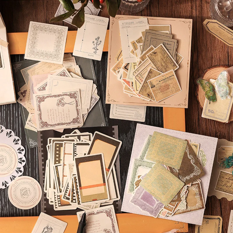 100pcs Vintage Label Paper Frame Memo Pad Collage Deco Material Paper Scrapbooking Diary Junk Journal Plant Aesthetic Stationery