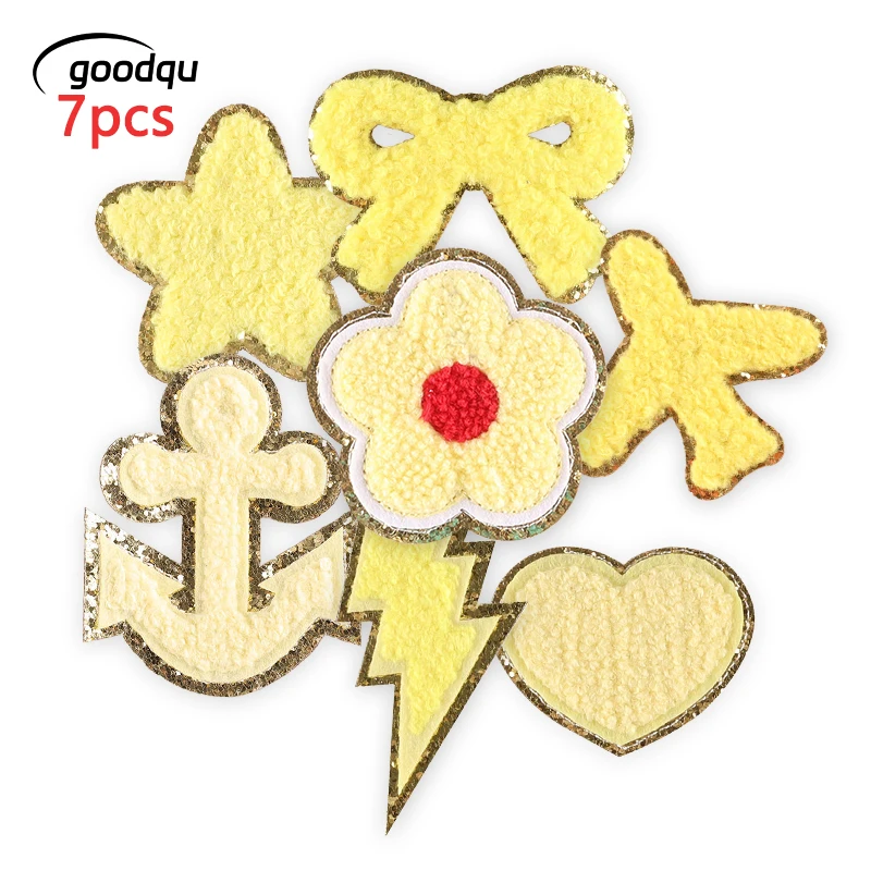 7 Pcs Yellow Iron Sew On Patches For Clothing Cute Embroidered Jackets Girls Pack Stickers Kids Star Heart Diy Fabric Mochila