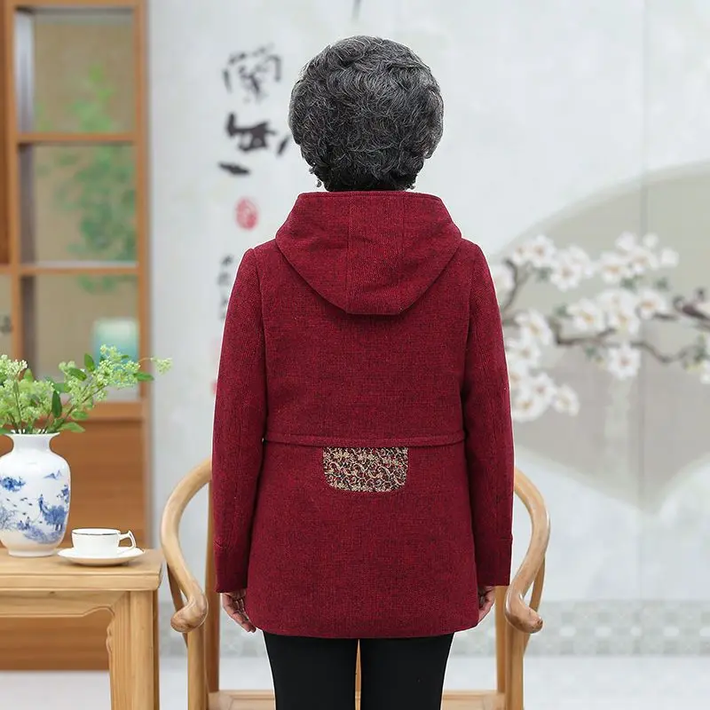 In the elderly female grandmother autumn clothing woolen hooded jacket elderly 60-70-80 year old mother woolen top clothing