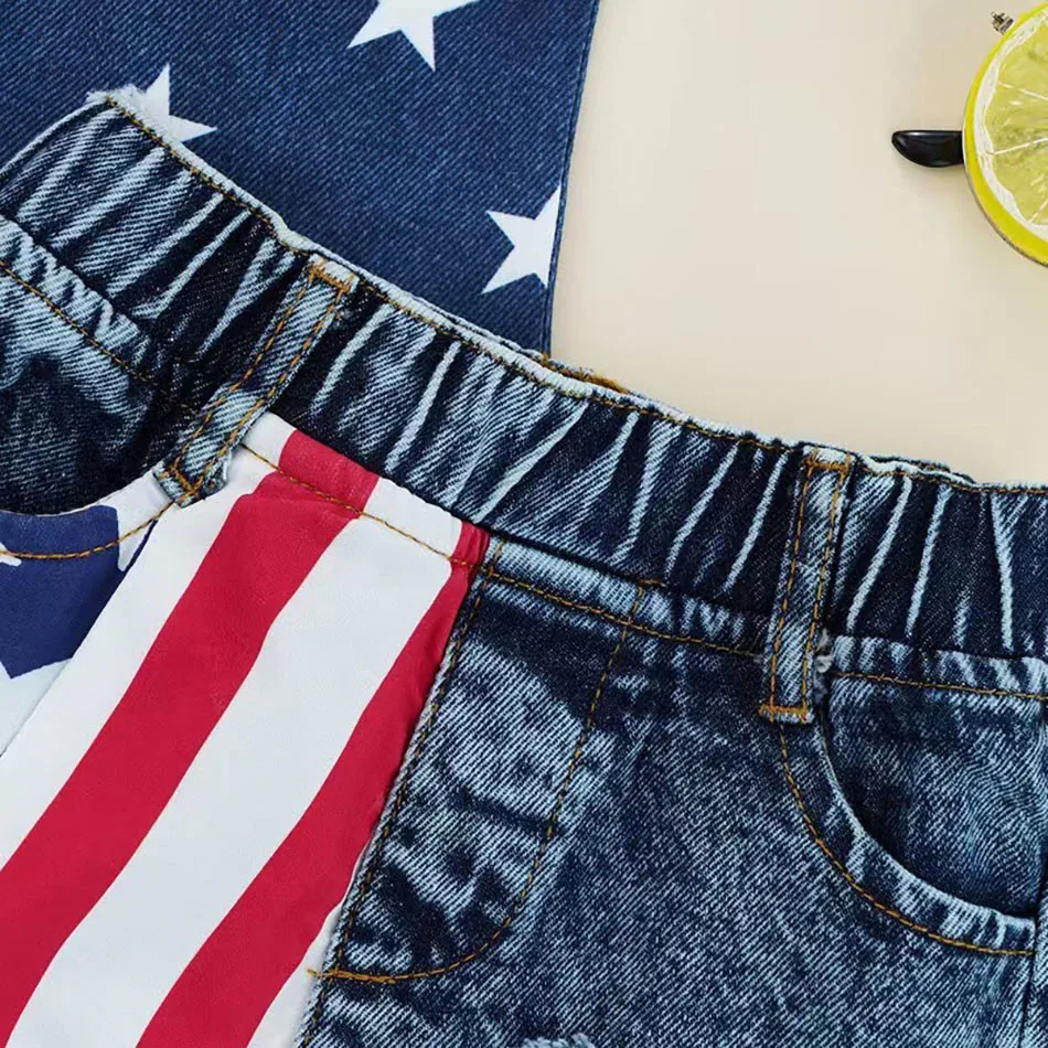 Girls Denim Children Set American Flag Shorts with Cowboy Strap Top Trendy 2Pcs Outfit for Summer Celebrations Independence Day image 5