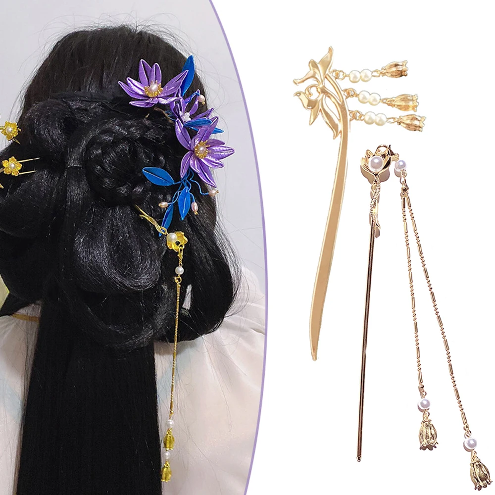 Hair Making Traditional Magnolia Chopsticks Chinese Pearl Tassel Chignon Pin Hair Stick Hair Chopsticks Magnolia Hair Pin