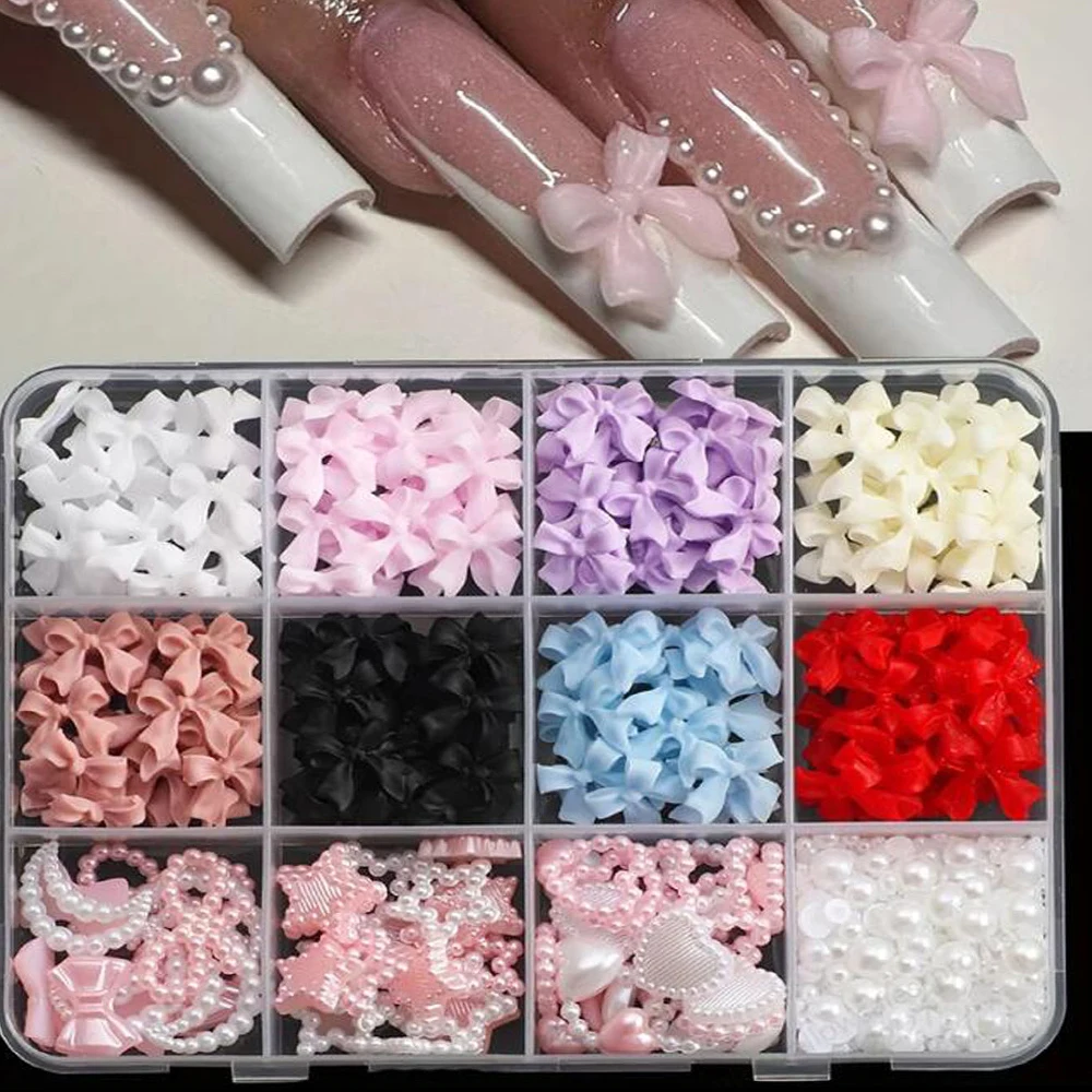 12그리드 3D 믹스 레진 핑크 리본 네일 아트 참 펄 하트, 별, 달 모양 리본 네일 라인스톤 DIY 액세서리 네일 장식