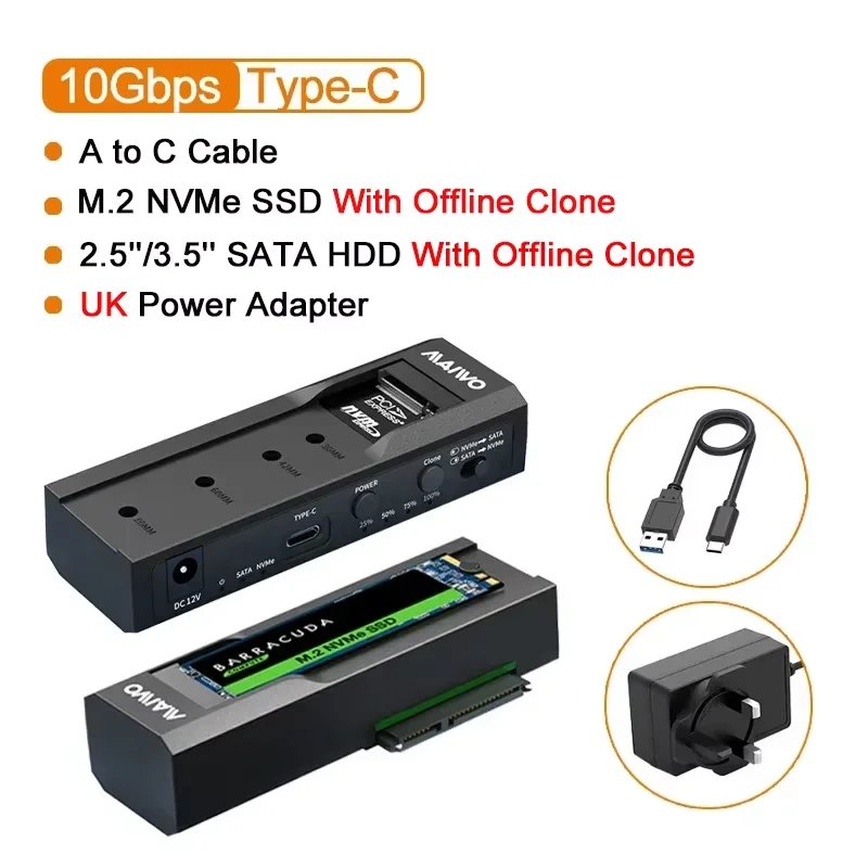 MAIWO 10Gbps M.2 NVMe SSD Behuizing USB-C Dubbele Bay 2.5' 3.5' SATA HDD SSD Dockingstation voor 2.5/3.5 inch SATA HDD NVMe SSD