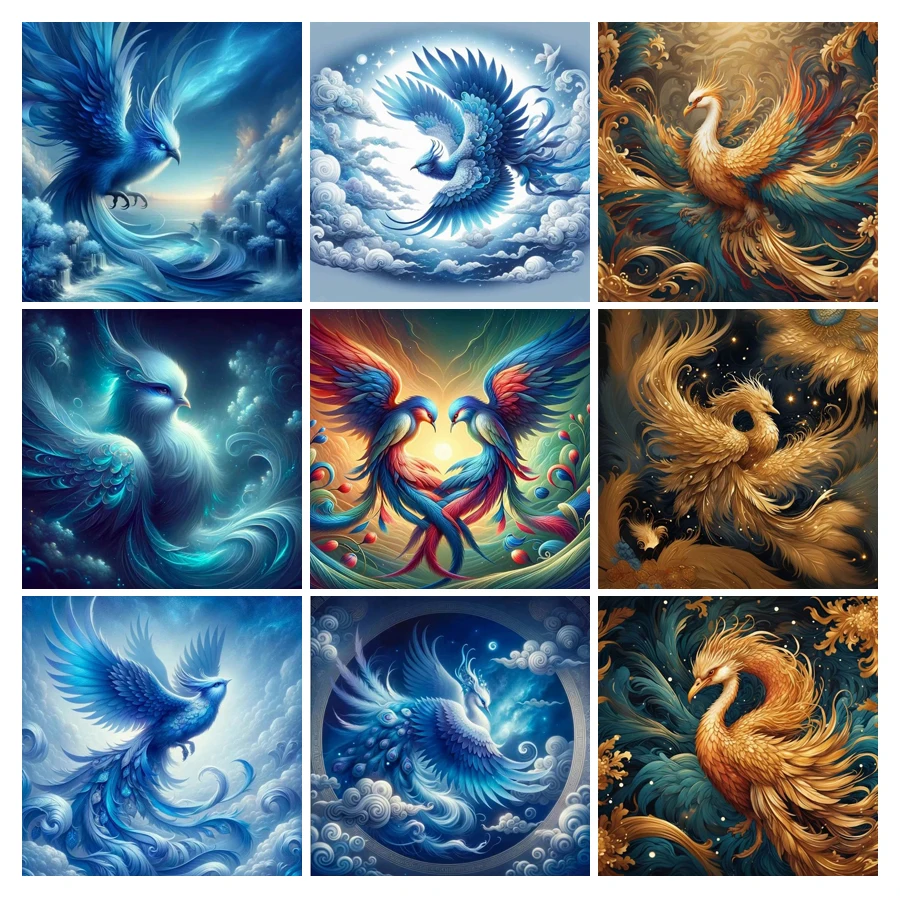 Diy 5d Diamond Painting New Arrival 2024 Golden Blue Phoenix Full Mosaic Embroidery Animal Birds Rhinestone Picture Wall Decor