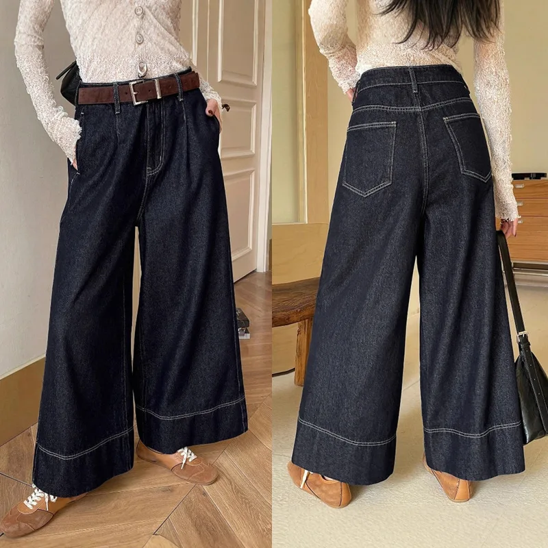 

Denim Jeans Women Solid Jeans Pocket Zipper Fly Mid Waist Full Length Wide Leg Pants Casual Loose Streetwear 2025 Autumn Winter